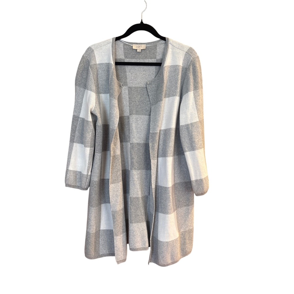 Loft Cardigan Women Grey White Buffalo Plaid Open Front Longline SIZE Large